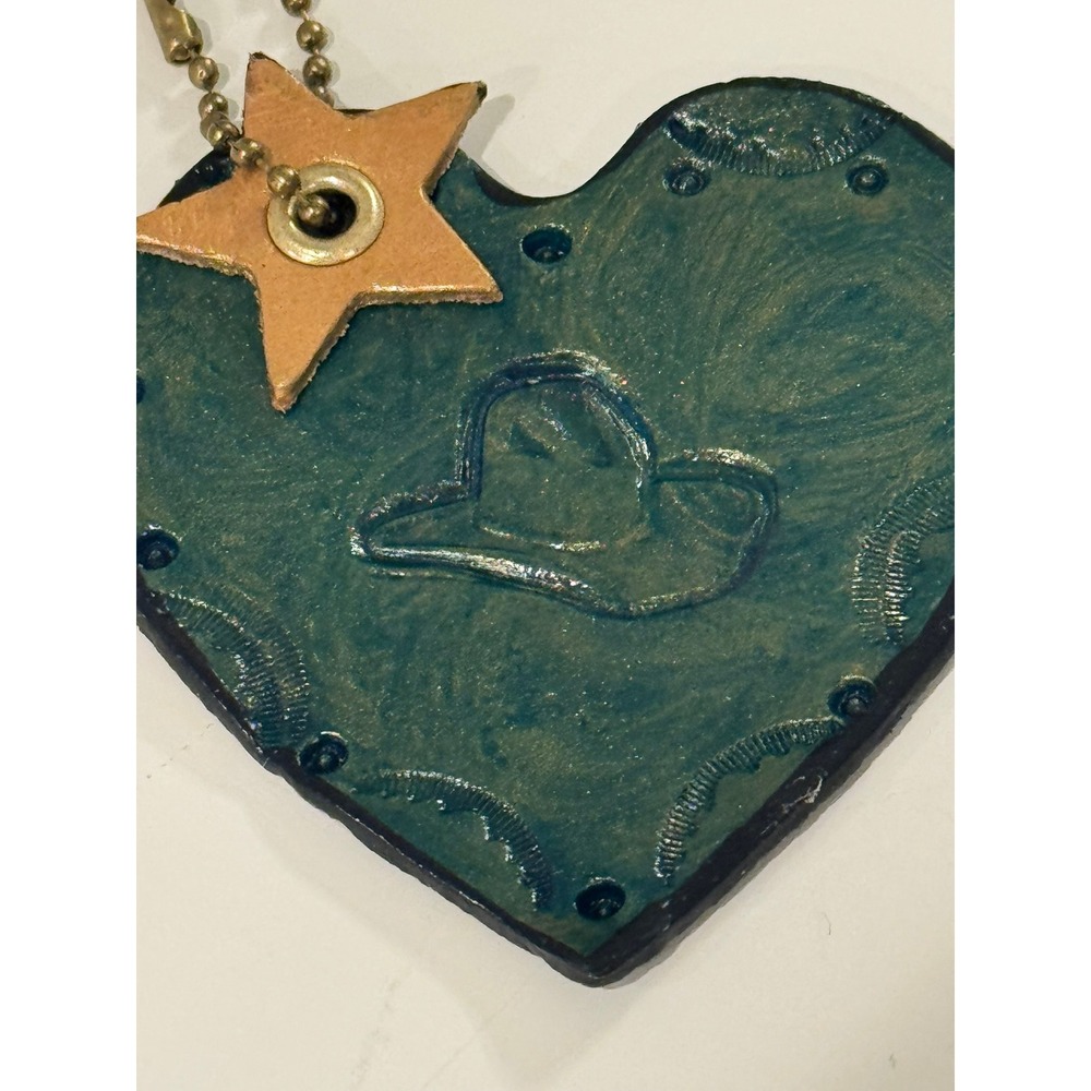 Western Leather Heart Keychain Teal Cowboy Hat Embossed Bag Charm with Star